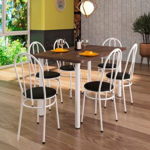 Conjunto Lívia Mesa Tampo Amadeirado com 6 cadeiras - Ref. 240/Cor: Preto  Ref. 240.1/Cor: Branco