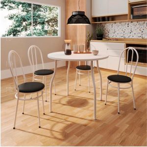 Conjunto Sala de Jantar Jasper Tampo de MDP Branco Redonda e 4 Cadeiras Branco com assento Preto - Ref. 202