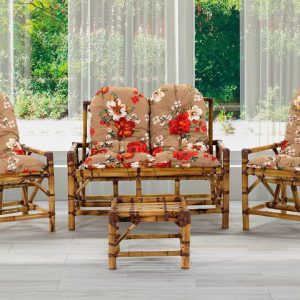 Conjunto de Sofá de Bambu com Almofadas Florais ou sem estampa – 4 Peças - Ref. 1 na descrição com sua devida cor
