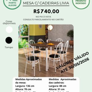 Conjunto Lívia Mesa Tampo Amadeirado com 6 cadeiras - Ref. 240/Cor: Preto  Ref. 240.1/Cor: Branco