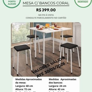 Conjunto Coral Mesa Dobrável com 4 Mochos   Cor do tampo: Branco ou Preto