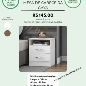 Mesa de Cabeceira Gaya Branca com 2 Gavetas - Cores Amadeirado ou branco