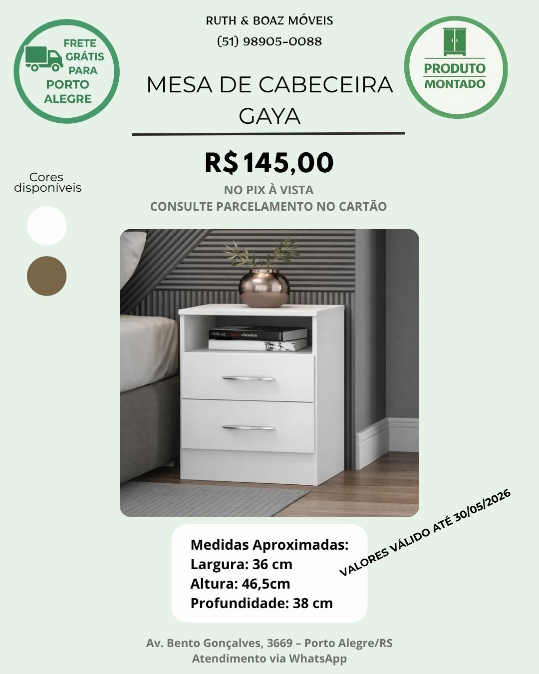 Mesa de Cabeceira Gaya Branca com 2 Gavetas - Cores Amadeirado ou branco