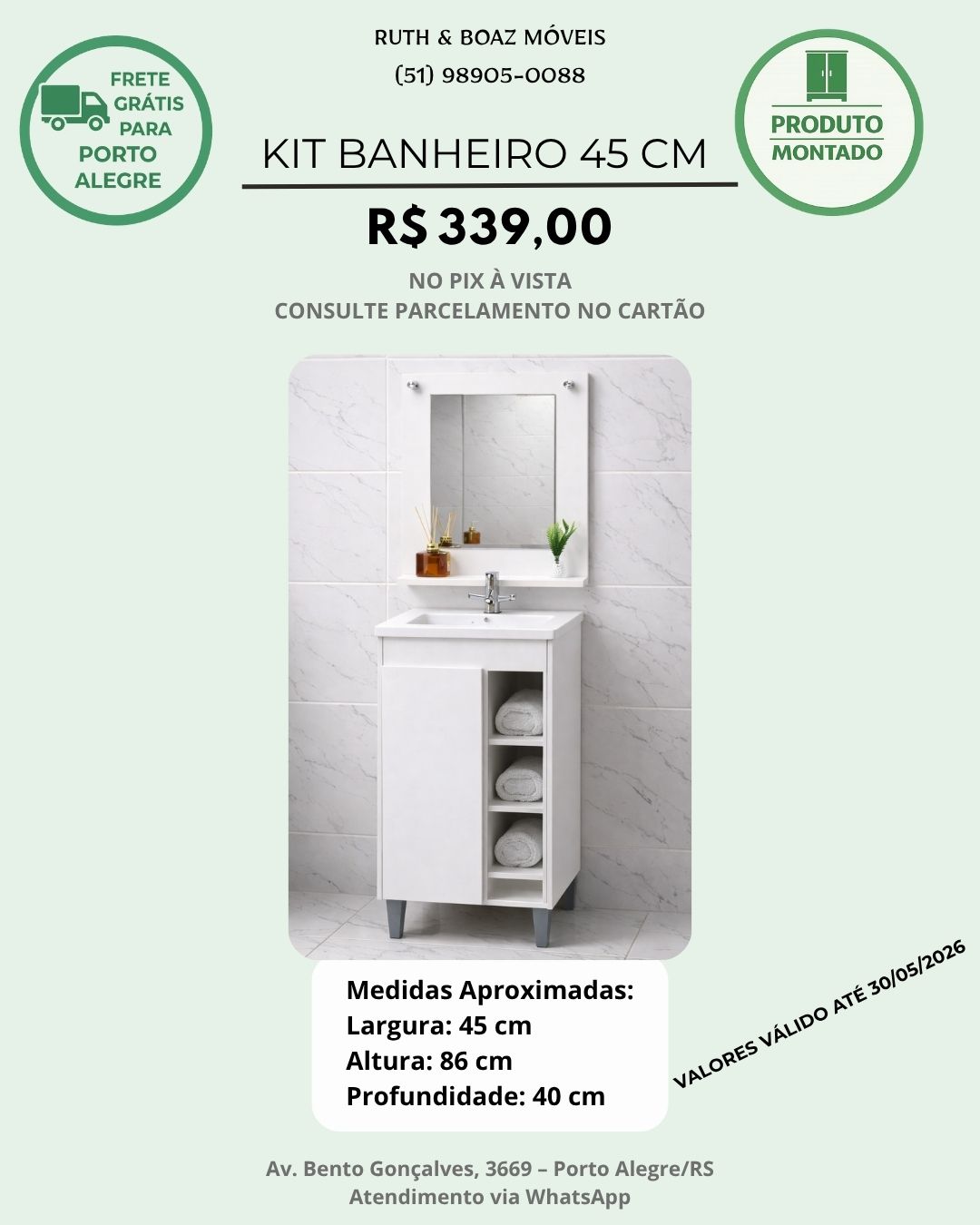 Conjunto Gabinete para Banheiro 0,45cm com Espelho e Cuba Branco - ref. 10